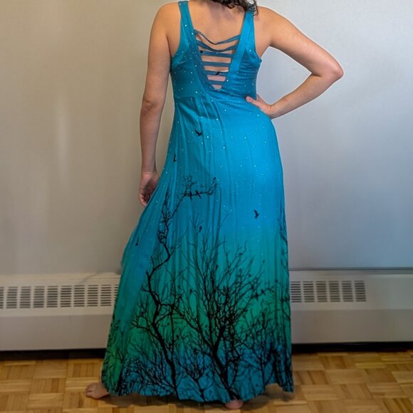 Blue and Green Forest-Print Maxi Dress - Picture 2 of 8
